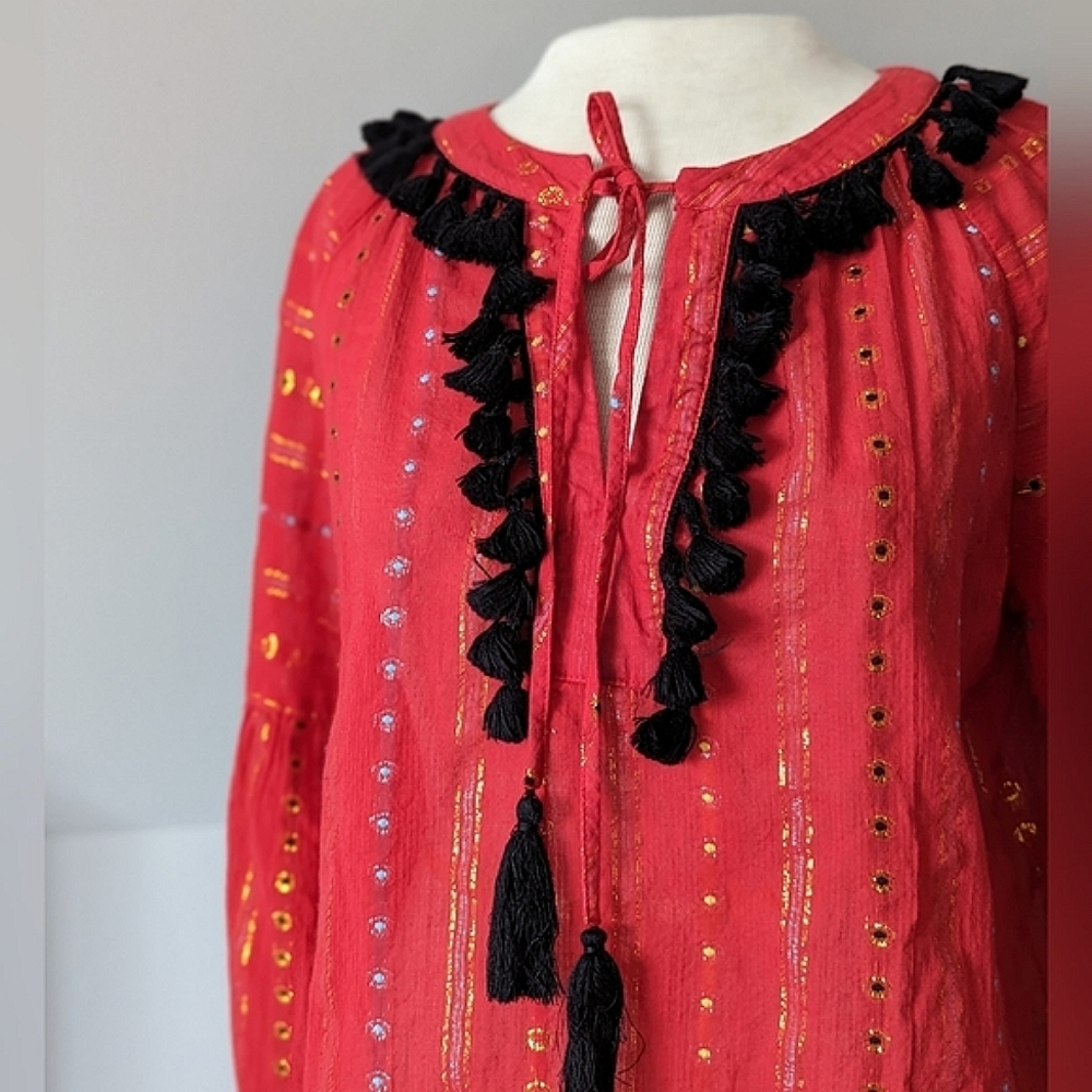 Belle Vere for Anthropologie Tasseled Boho Long Sleeve Blouse